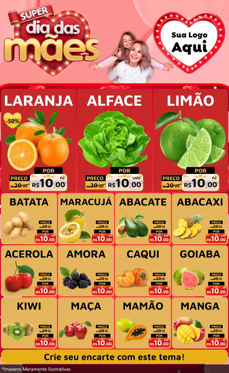 Modelo de Encarte para Encarte Grande com o tema Super Dia Das Mães para Hortifrúti
