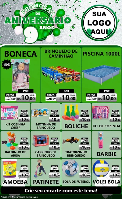Modelo de Encarte para Encarte Grande com o tema Promoção de Aniversário - 9 Anos para Brinquedos