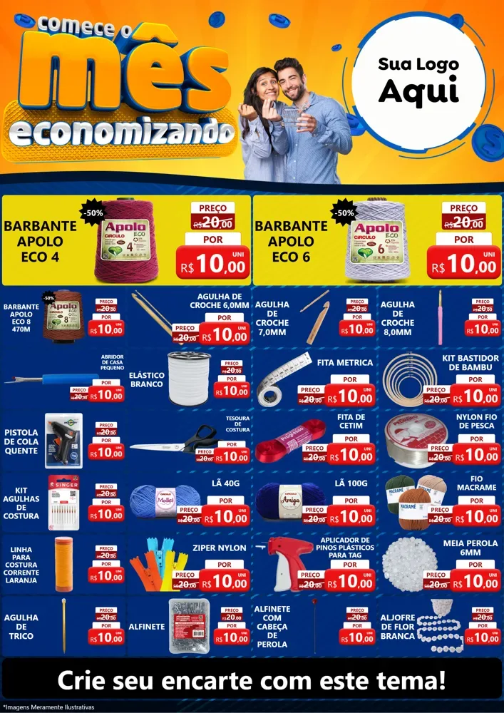 Modelo de Encarte para Encarte A4 Vertical com o tema Comece O Mês Economizando para Armarinho e Aviamentos