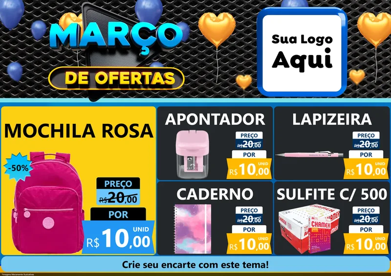 Modelo de Encarte para Encarte A4 Horizontal com o tema Março de Ofertas para Papelaria