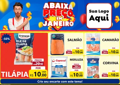 Modelo de Encarte para Encarte A4 Horizontal com o tema Abaixa Preço em Janeiro para Peixaria