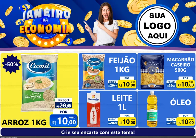 Modelo de Encarte para Encarte A4 Horizontal com o tema Janeiro da Economia para Supermercado
