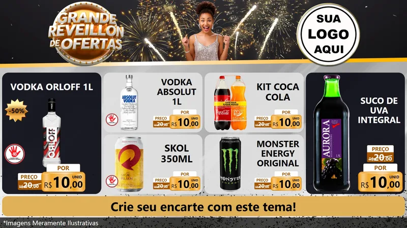 Modelo de TV para TV Horizontal com o tema Grande Réveillon de Ofertas para Distribuidora de bebidas
