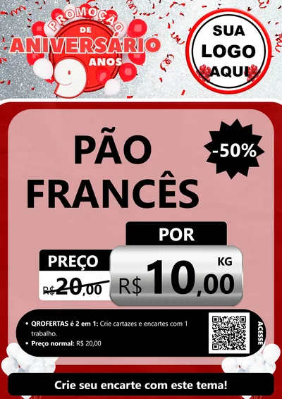 Modelo de Cartaz para Cartaz A4 Vertical com o tema Promoção de Aniversário - 9 Anos para Padaria