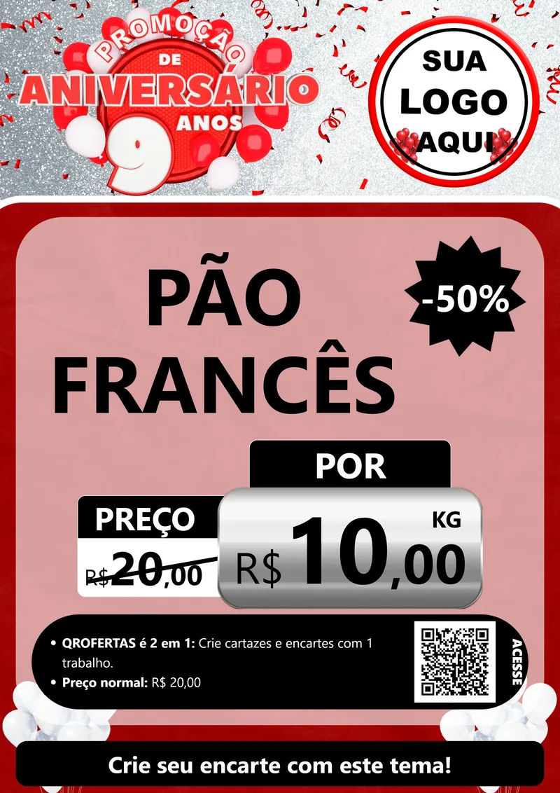 Modelo de Cartaz para Cartaz A4 Vertical com o tema Promoção de Aniversário - 9 Anos para Padaria