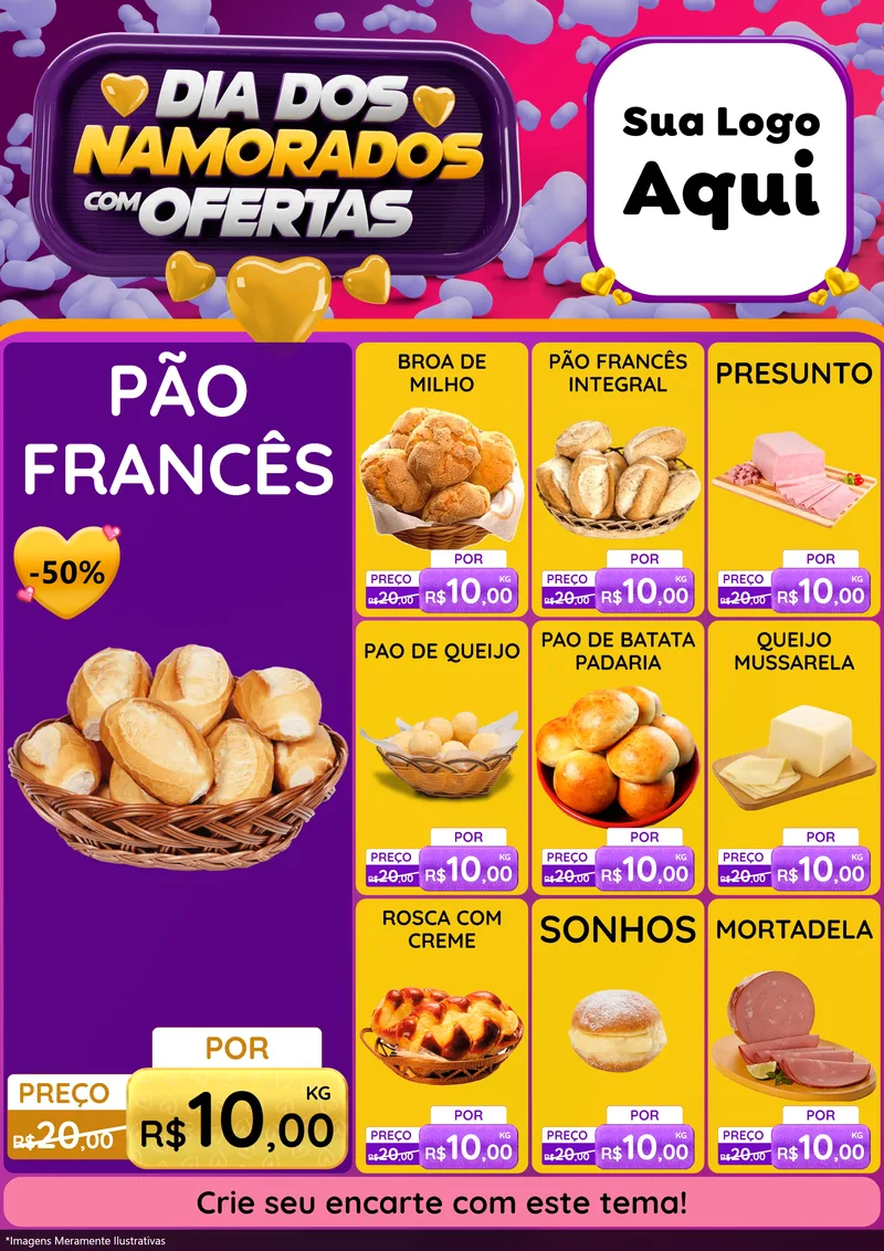 Modelo de Encarte para Encarte A4 Vertical com o tema Dia Dos Namorados Com Ofertas para Padaria