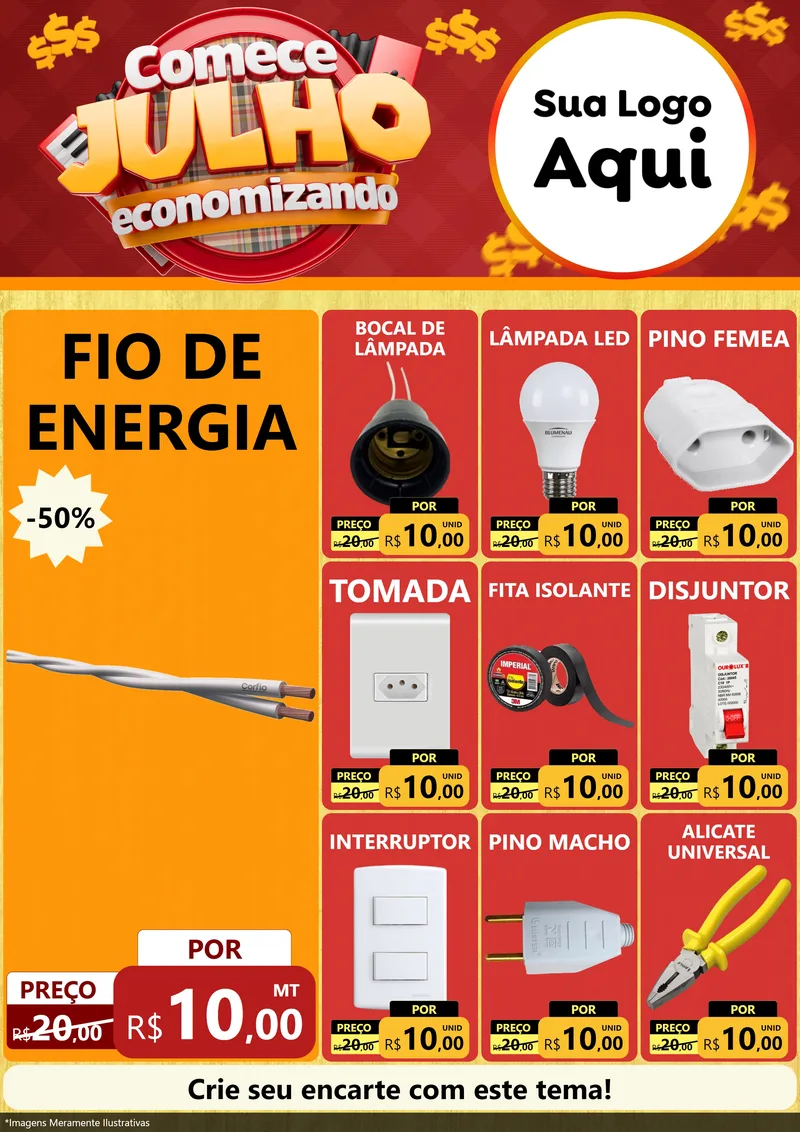 Modelo de Encarte para Encarte A4 Vertical com o tema Comece Julho Economizando para Materiais Elétricos