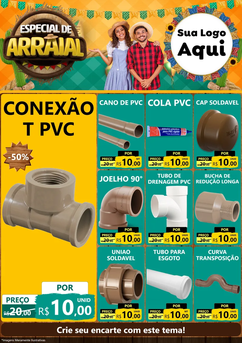 Modelo de Encarte para Encarte A4 Vertical com o tema Especial De Arraial para Tubos e conexões