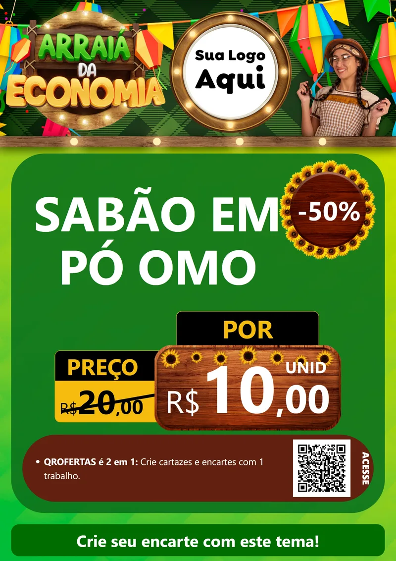 Modelo de Cartaz para Cartaz A4 Vertical com o tema Arraiá de Economia para Produtos de Limpeza
