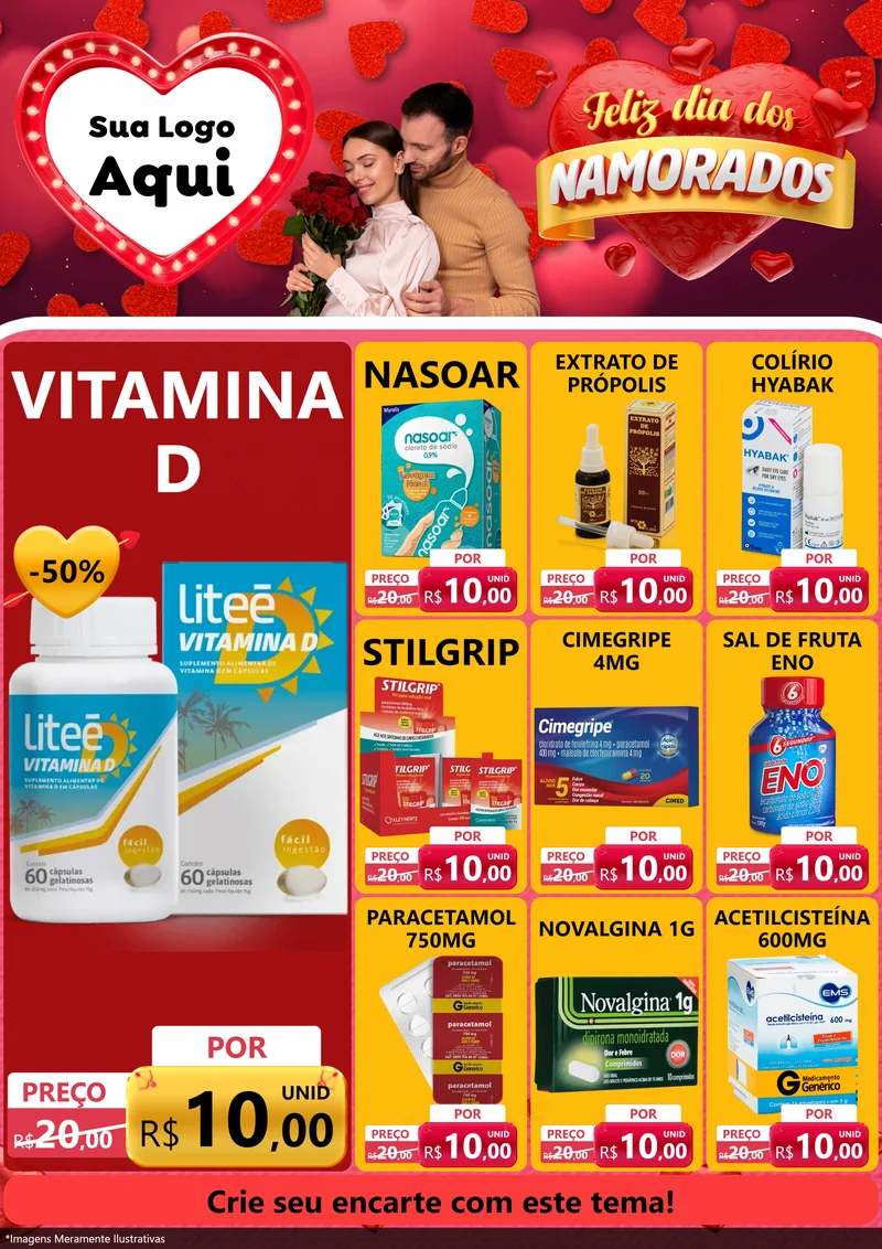 Modelo de Encarte para Encarte A4 Vertical com o tema Feliz Dia Dos Namorados para Farmácia