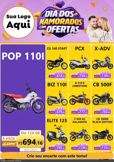 Modelo de Encarte para Encarte A4 Vertical com o tema Dia Dos Namorados Com Ofertas para Concessionaria de Motos
