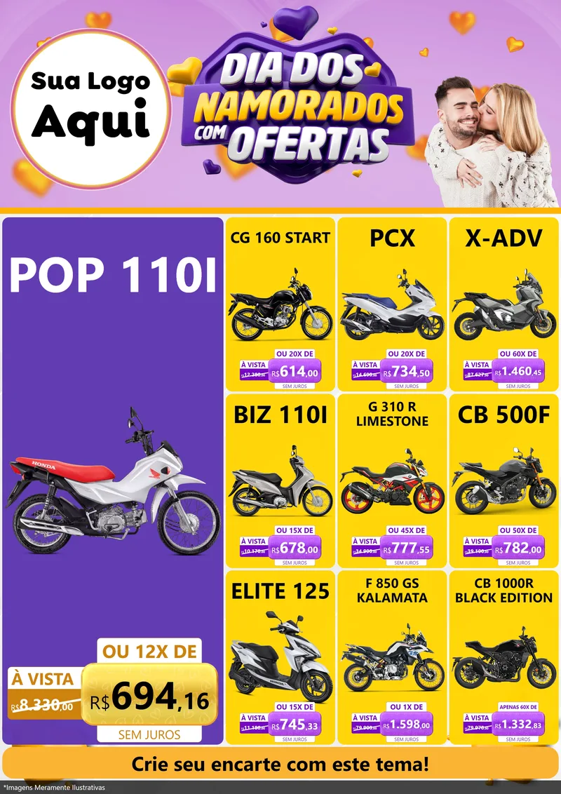 Modelo de Encarte para Encarte A4 Vertical com o tema Dia Dos Namorados Com Ofertas para Concessionaria de Motos