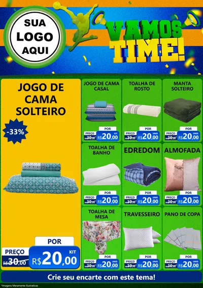Modelo de Encarte para Encarte A4 Vertical com o tema Vamos Time! para Cama, Mesa e Banho