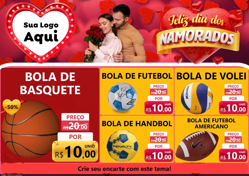 Modelo de Encarte para Encarte A4 Horizontal com o tema Feliz Dia Dos Namorados para Artigos Esportivos