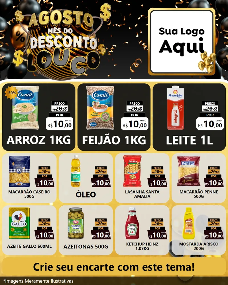 Modelo de Rede Social para Feed Instagram com o tema Agosto Mês do Desconto Louco para Supermercado