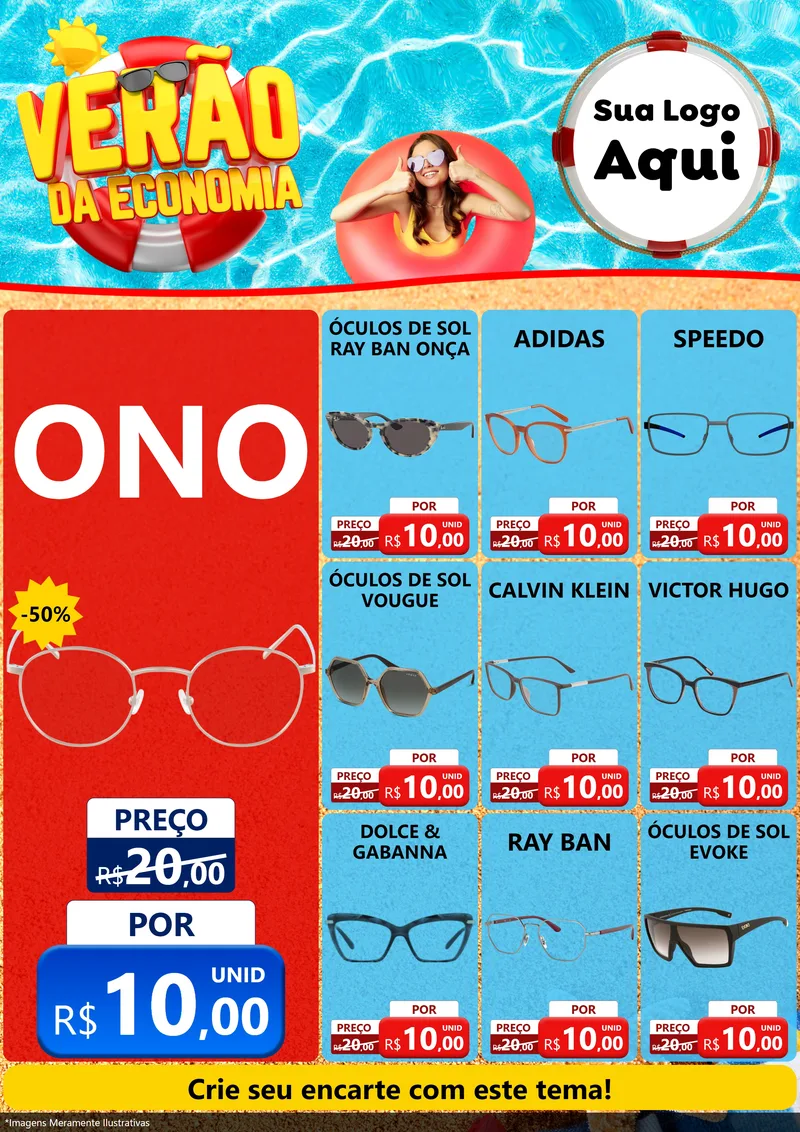 Modelo de Encarte para Encarte A4 Vertical com o tema Verão da Economia para Óticas