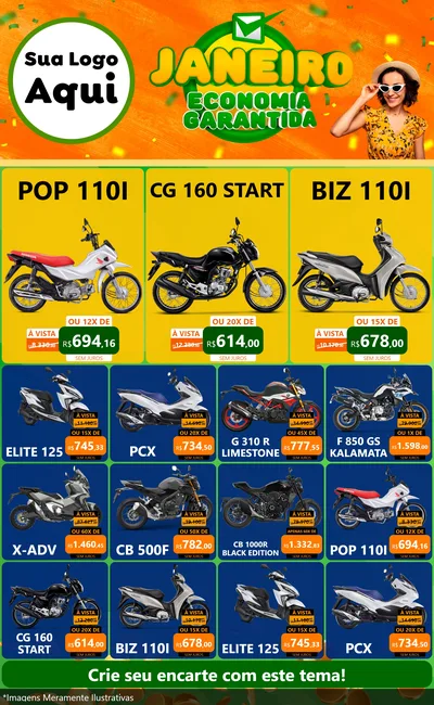 Modelo de Encarte para Encarte Grande com o tema Janeiro - Economia Garantida para Concessionaria de Motos