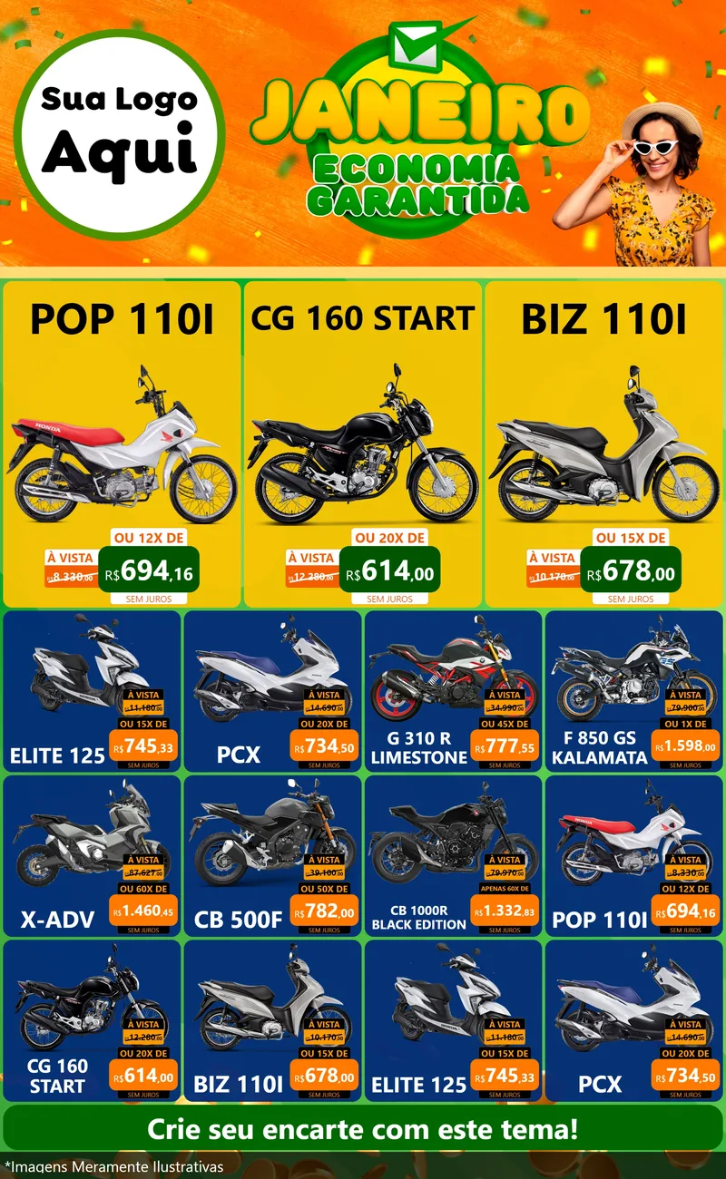 Modelo de Encarte para Encarte Grande com o tema Janeiro - Economia Garantida para Concessionaria de Motos