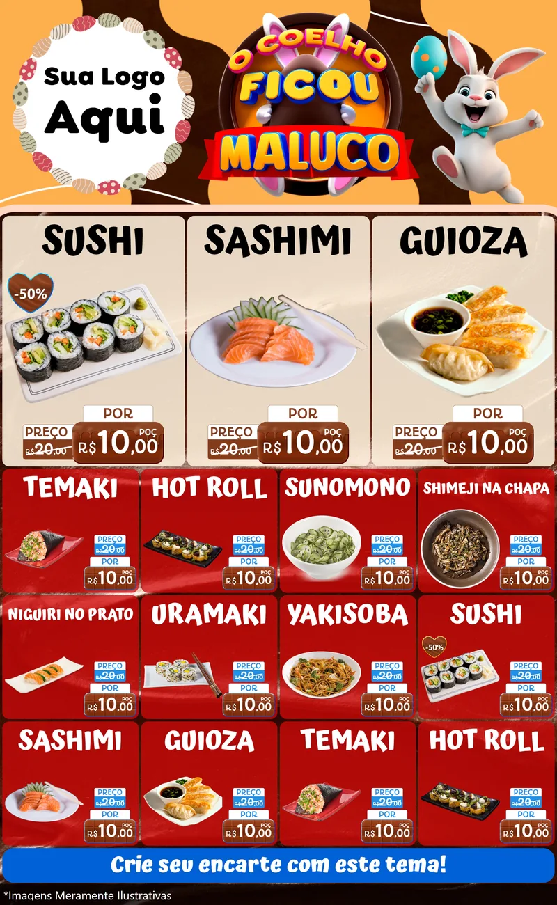 Modelo de Encarte para Encarte Grande com o tema O Coelho Ficou Maluco - Páscoa para Comida japonesa