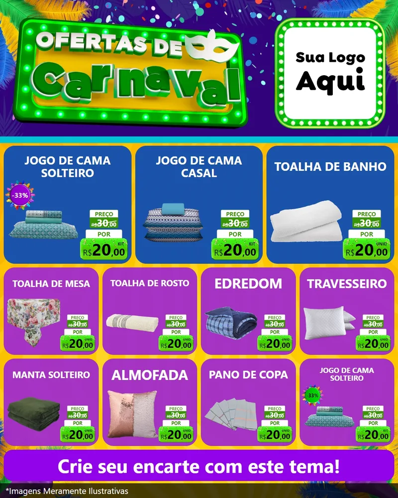 Modelo de Rede Social para Feed Instagram com o tema Ofertas de Carnaval para Cama, Mesa e Banho