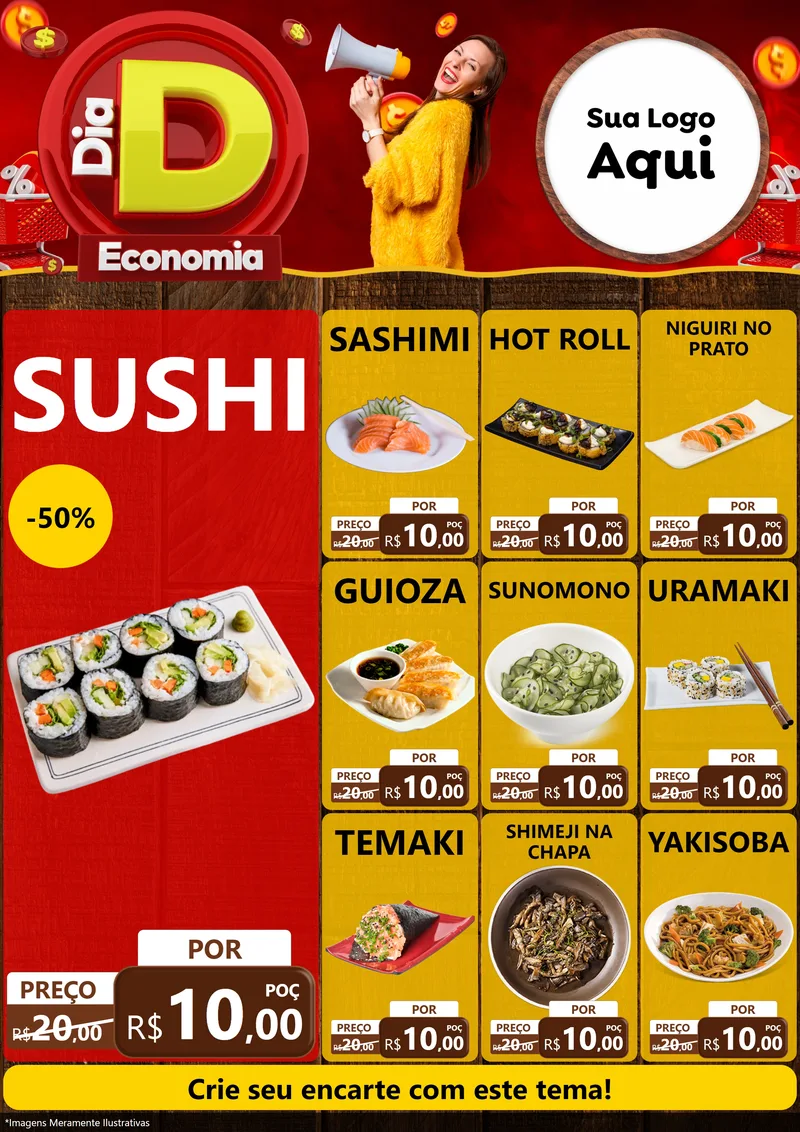 Modelo de Encarte para Encarte A4 Vertical com o tema Dia D Economia para Comida japonesa