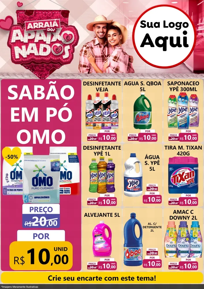 Modelo de Encarte para Encarte A4 Vertical com o tema Arraiá dos Apaixonados - Junina para Produtos de Limpeza