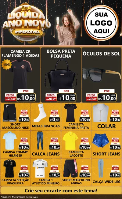 Modelo de Encarte para Encarte Grande com o tema Liquida Ano Novo Imperdível para Roupas e acessórios