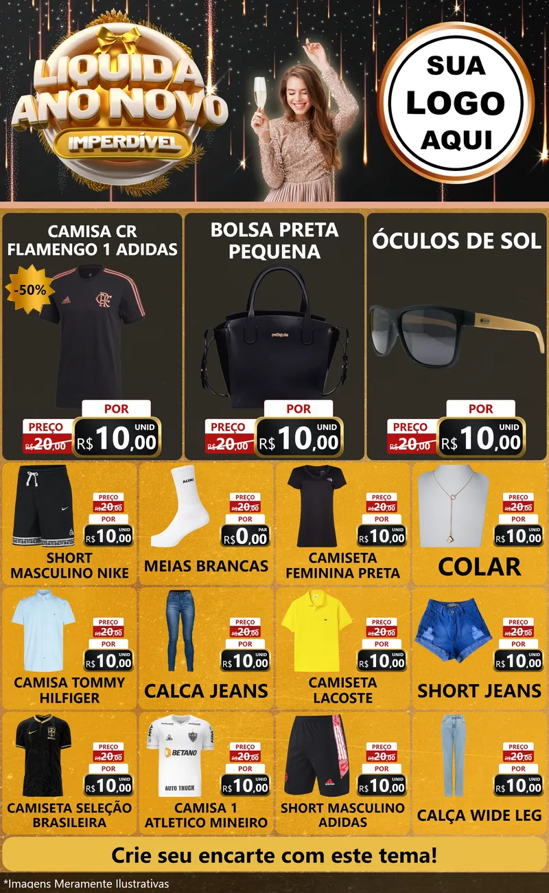 Modelo de Encarte para Encarte Grande com o tema Liquida Ano Novo Imperdível para Roupas e acessórios