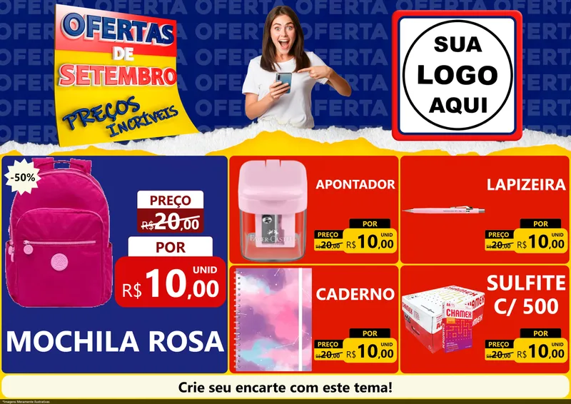 Modelo de Encarte para Encarte A4 Horizontal com o tema Ofertas de Setembro - Preços Incríveis para Papelaria