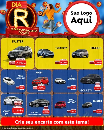 Modelo de Rede Social para Feed Instagram com o tema Dia R - O Dia Mais Barato Do Mês para Concessionaria de Carros