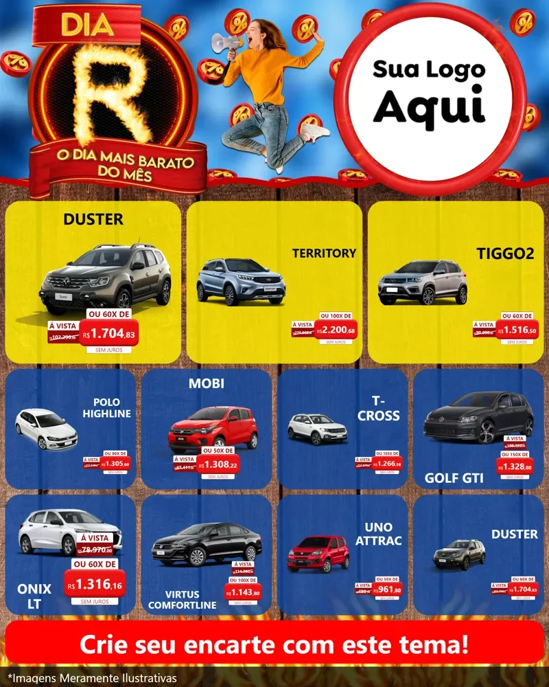 Modelo de Rede Social para Feed Instagram com o tema Dia R - O Dia Mais Barato Do Mês para Concessionaria de Carros