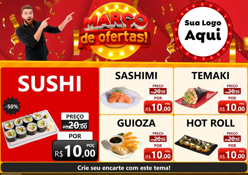 Modelo de Encarte para Encarte A4 Horizontal com o tema Março de Ofertas! para Comida japonesa