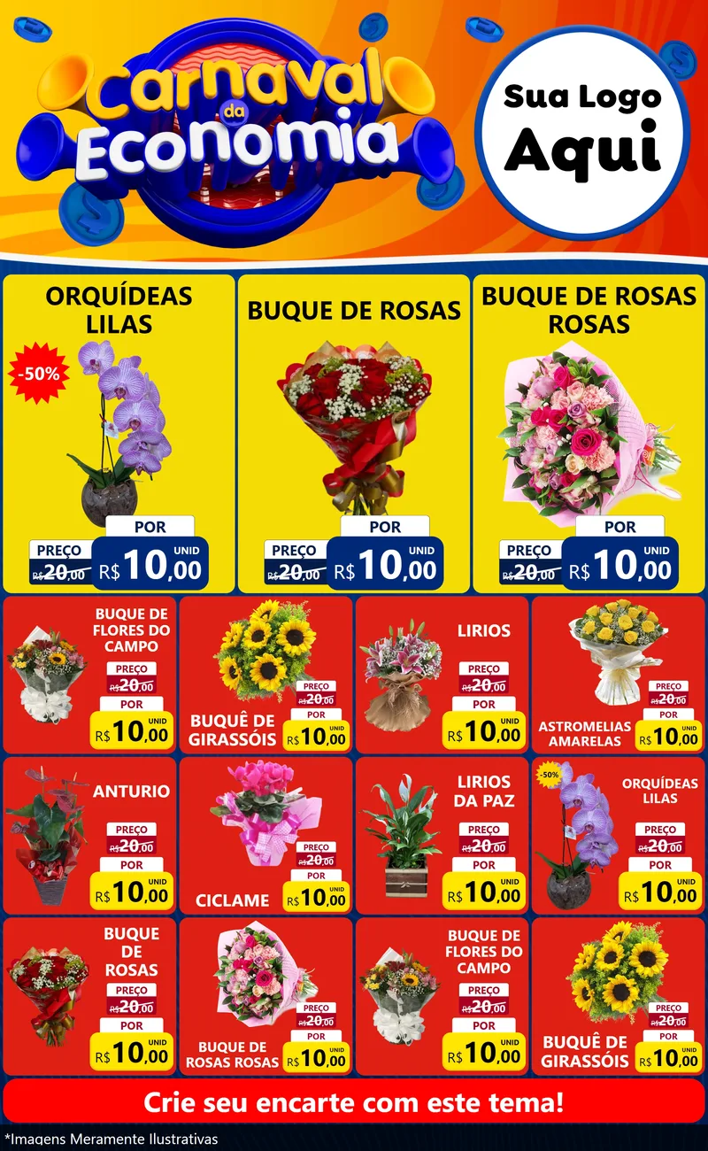Modelo de Encarte para Encarte Grande com o tema Carnaval da Economia para Floricultura e jardim