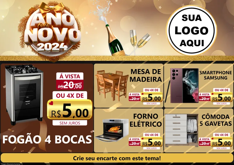Modelo de Encarte para Encarte A4 Horizontal com o tema Feliz Ano Novo 2027 para Móveis e Eletro