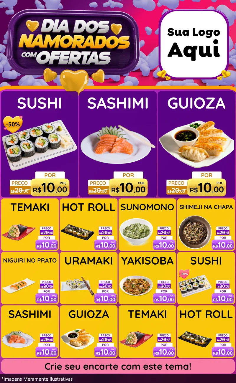 Modelo de Encarte para Encarte Grande com o tema Dia Dos Namorados Com Ofertas para Comida japonesa