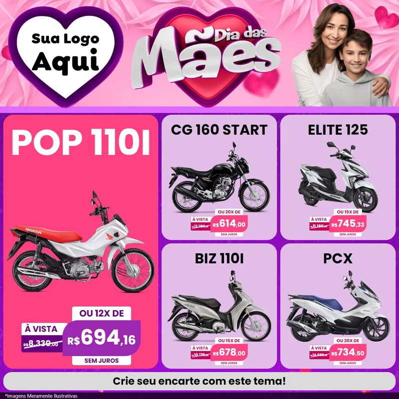 Modelo de Rede Social para Feed Facebook com o tema Dia das Mães para Concessionaria de Motos