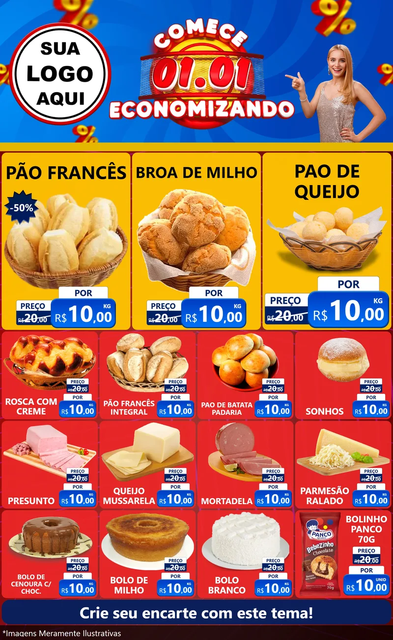 Modelo de Encarte para Encarte Grande com o tema Comece 1º de Janeiro Economizando para Padaria