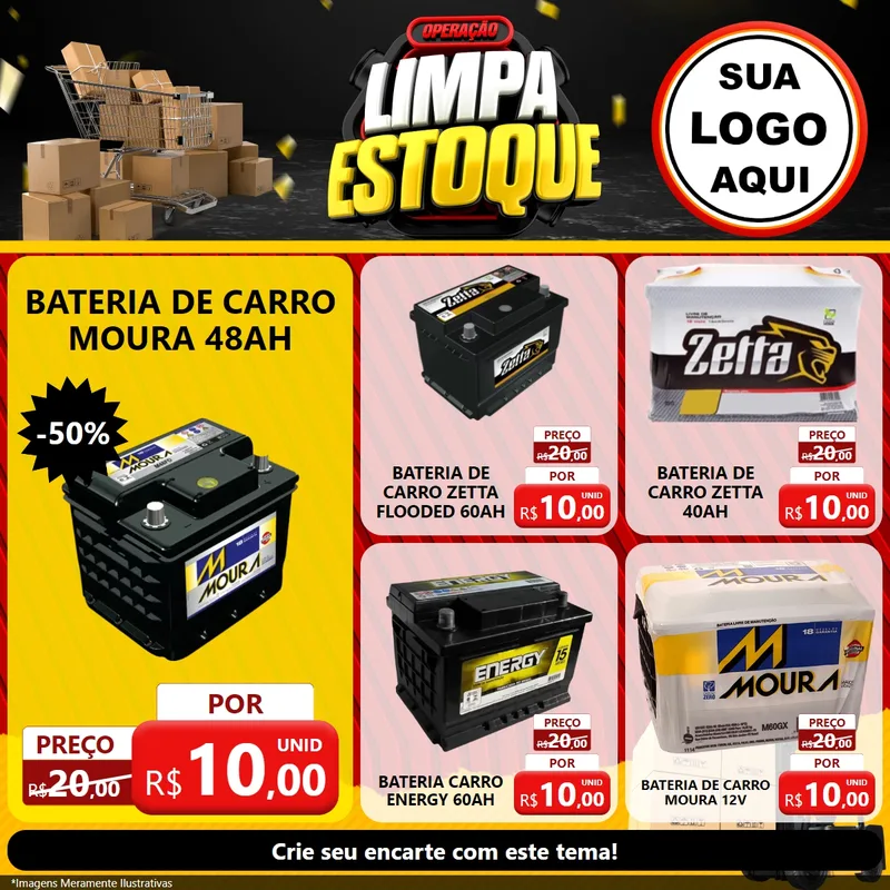Modelo de Rede Social para Feed Facebook com o tema Operação Limpa Estoque para Baterias Elétricas