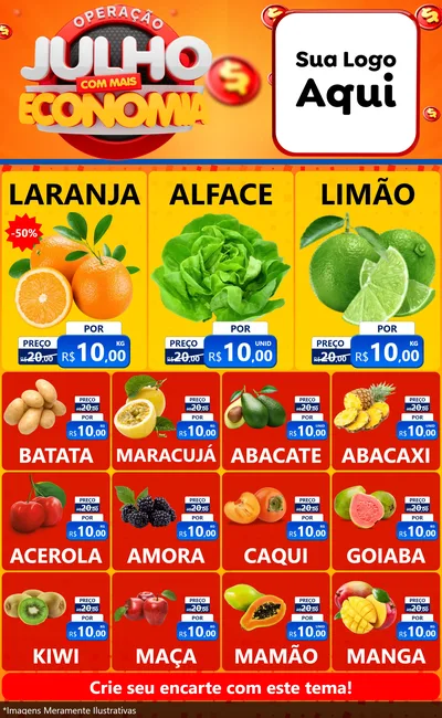 Modelo de Encarte para Encarte Grande com o tema Operação Julho Com Mais Economia para Hortifrúti