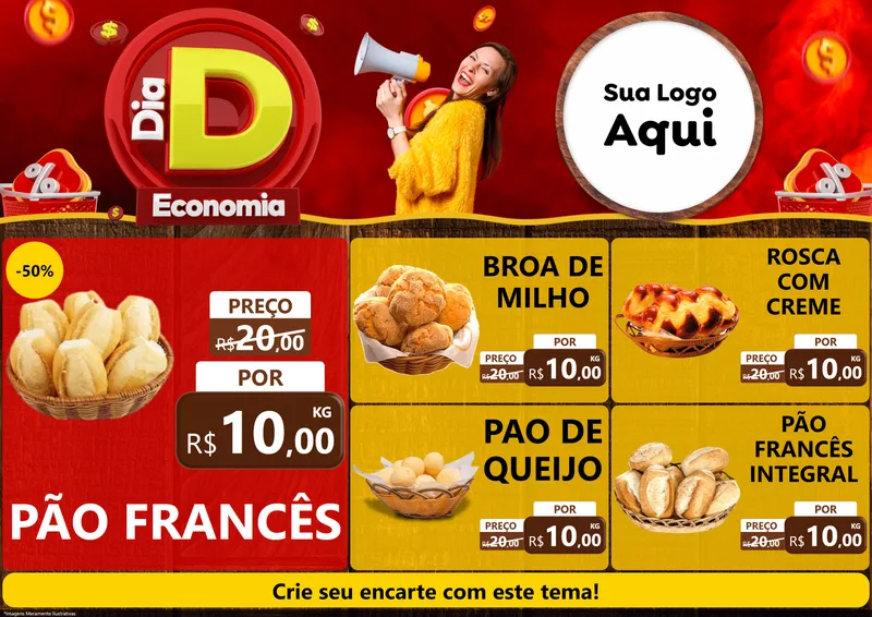 Modelo de Encarte para Encarte A4 Horizontal com o tema Dia D Economia para Padaria