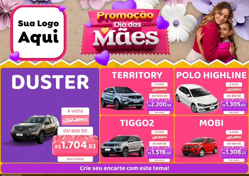 Modelo de Encarte para Encarte A4 Horizontal com o tema Promoção Dia das Mães para Concessionaria de Carros
