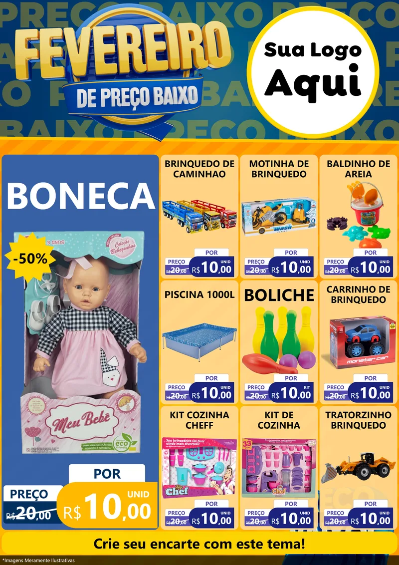 Modelo de Encarte para Encarte A4 Vertical com o tema Fevereiro de Preço Baixo para Brinquedos