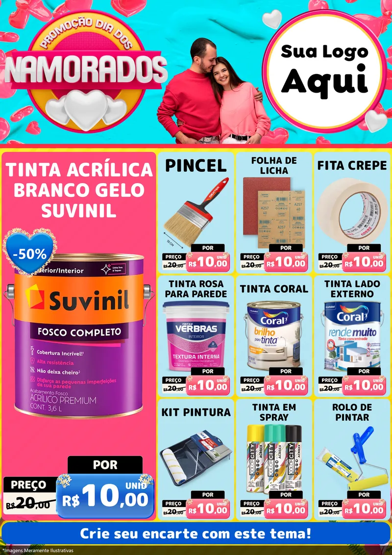 Modelo de Encarte para Encarte A4 Vertical com o tema Promoção Dia dos Namorados para Tintas e Ferramentas