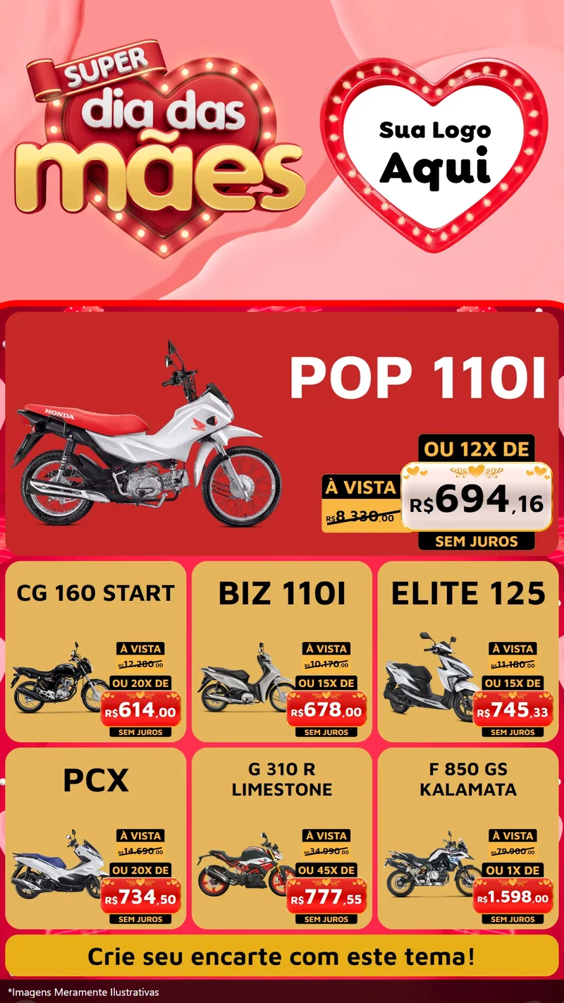 Modelo de Rede Social para Stories com o tema Super Dia Das Mães para Concessionaria de Motos