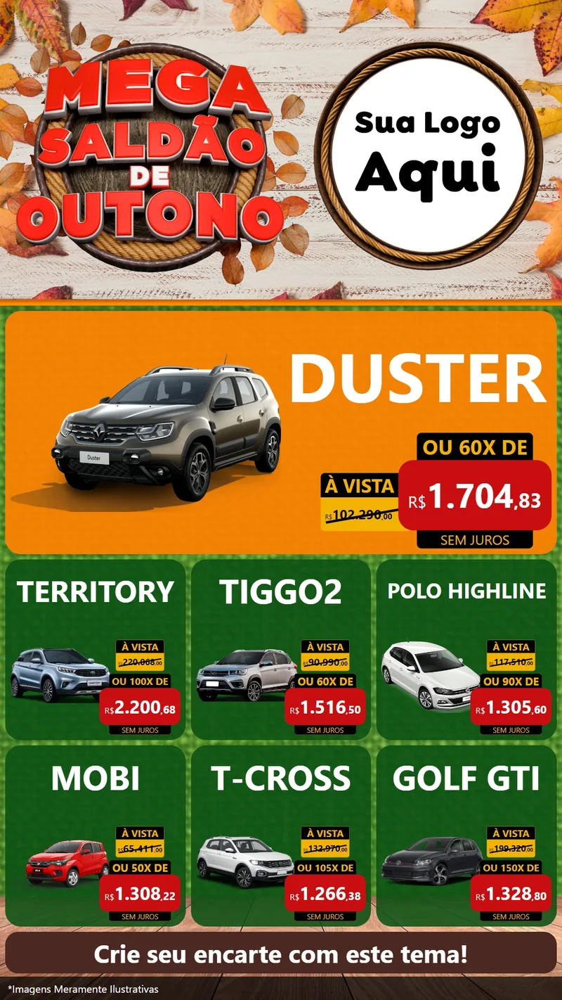 Modelo de Rede Social para Stories com o tema Mega Saldão de Outono para Concessionaria de Carros