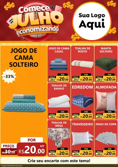 Modelo de Encarte para Encarte A4 Vertical com o tema Comece Julho Economizando para Cama, Mesa e Banho