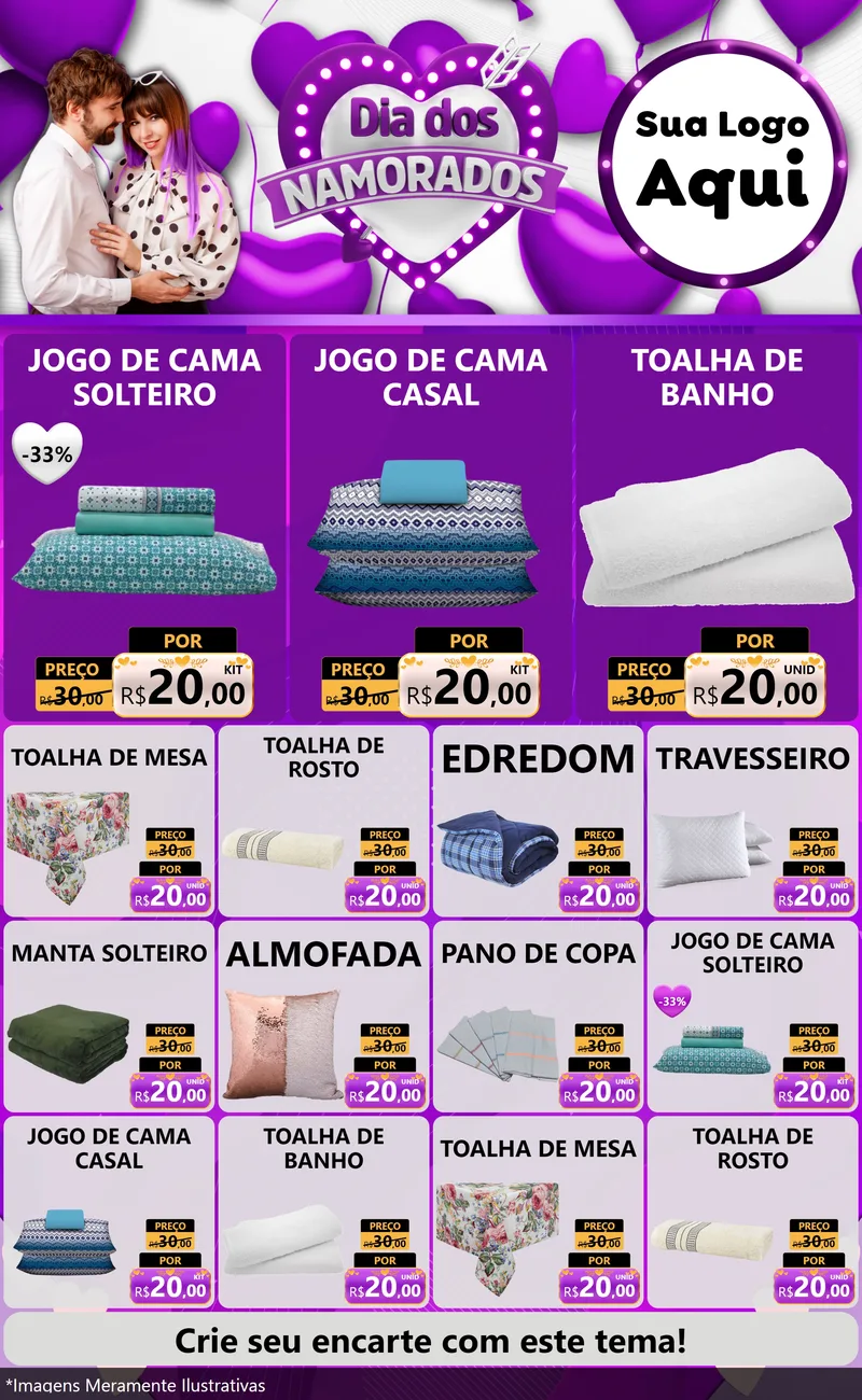 Modelo de Encarte para Encarte Grande com o tema Dia dos Namorados para Cama, Mesa e Banho