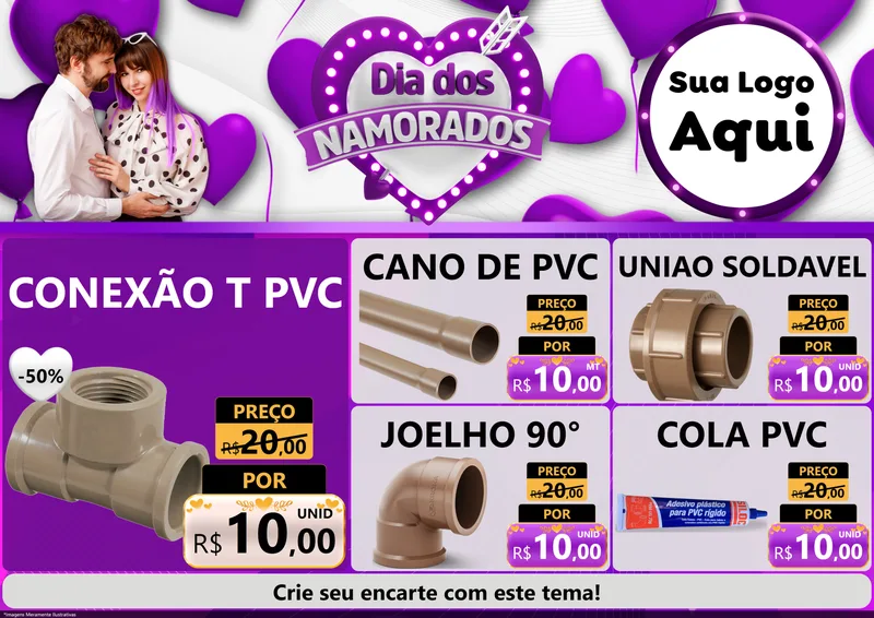 Modelo de Encarte para Encarte A4 Horizontal com o tema Dia dos Namorados para Tubos e conexões