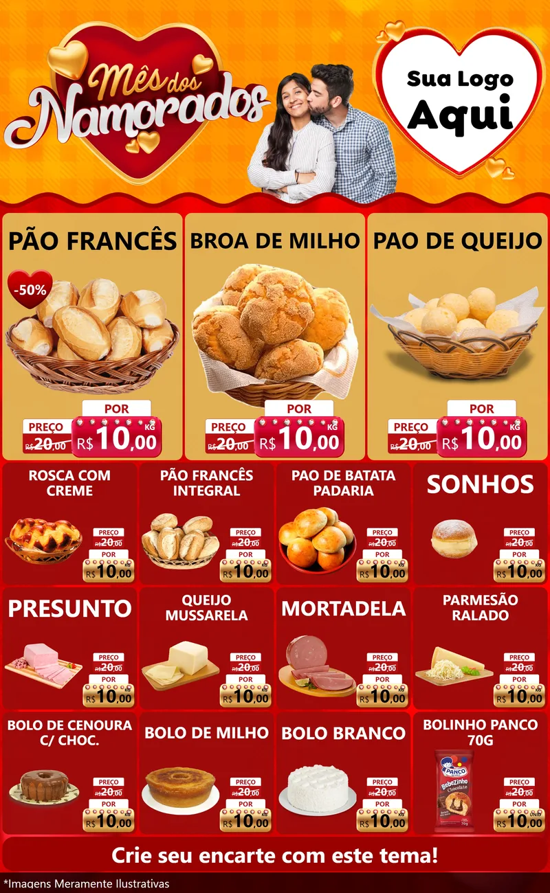 Modelo de Encarte para Encarte Grande com o tema Mês dos Namorados para Padaria