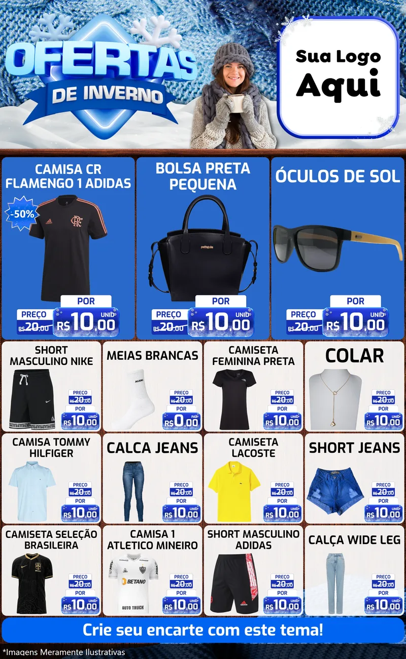 Modelo de Encarte para Encarte Grande com o tema Ofertas de Inverno para Roupas e acessórios